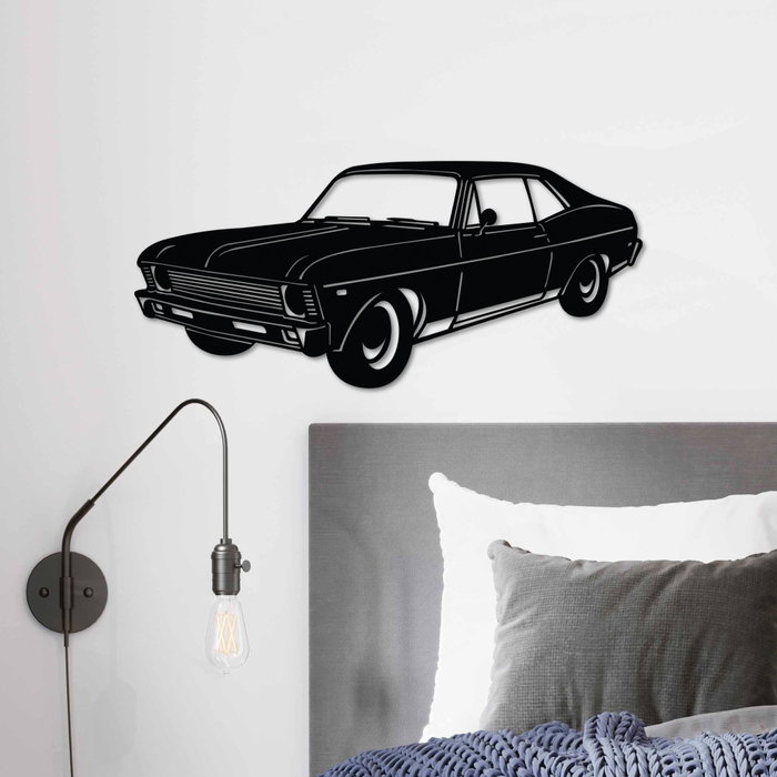 Wallity Chevrolet Nova 1972 Classic Sedan Escultura de pared de metal Negro